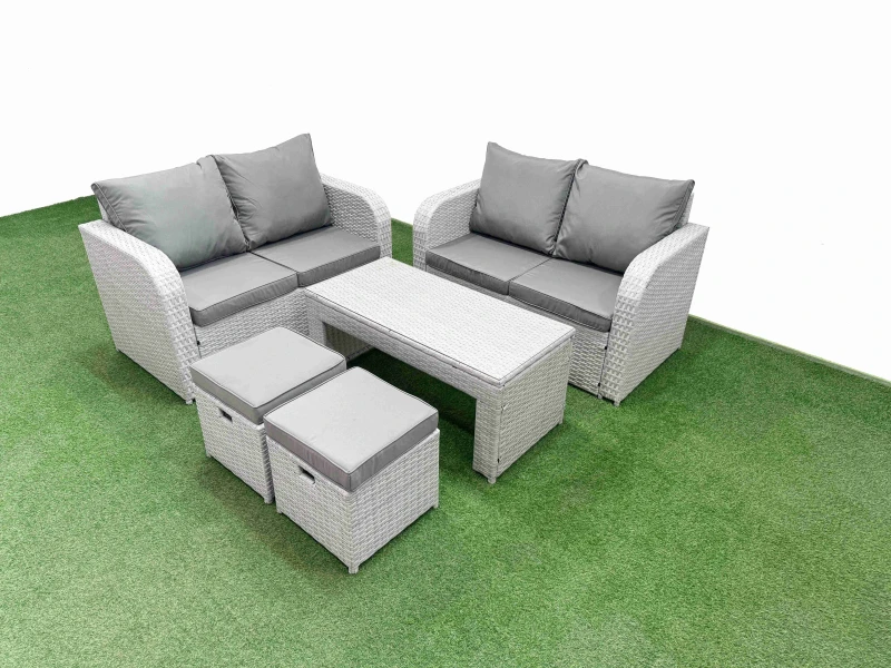 Image of Fimous 6 Seater Outdoor Love Sofa Set Rattan Garden Furniture Set with Oblong Coffee Table 2 Small Stools Light Grey Light Grey