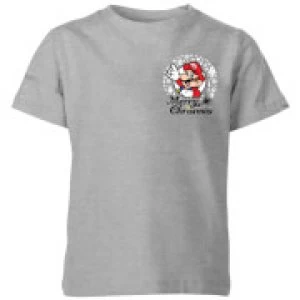 Image of Nintendo Super Mario Mario Merry Christmas Pocket Wreath Kid's T-Shirt - Grey - 9-10 Years
