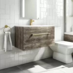 Image of 800mm Wood Effect Wall Hung Vanity Unit with Basin and Brushed Brass Handles - Ashford