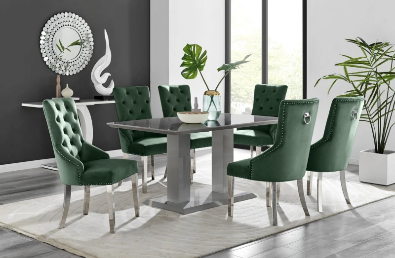 Image of FurnitureboxUK FurnitureboxUK Imperia 6 Grey Dining Table and 6 Velvet Belgravia Chairs in Green Green One Size Unisex 5056784303603