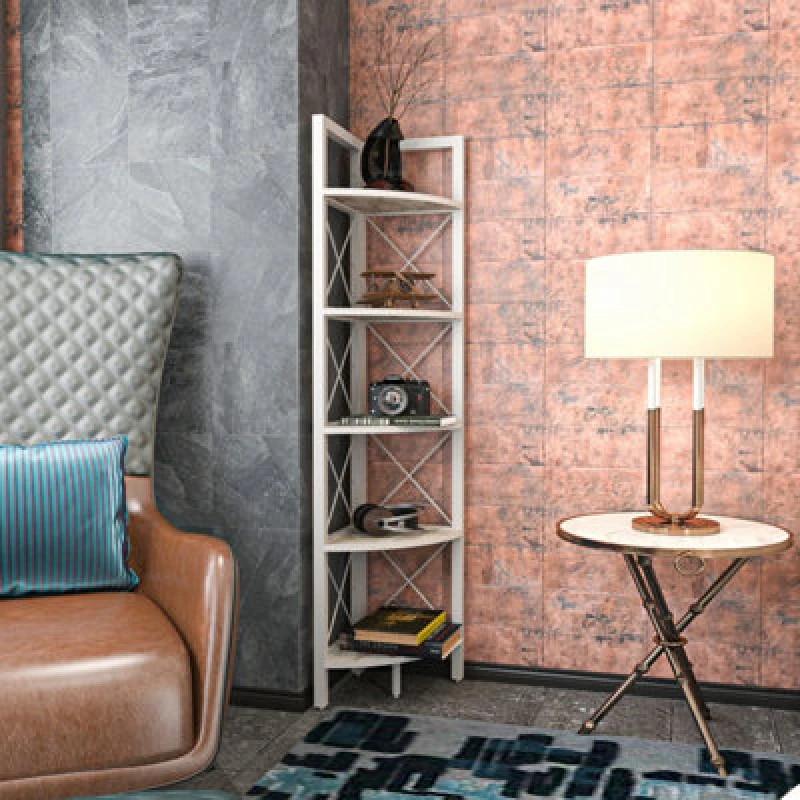 Image of Decorotika Remo Metal Corner Bookcase Bookshelf Shelving Unit - Marble Design White