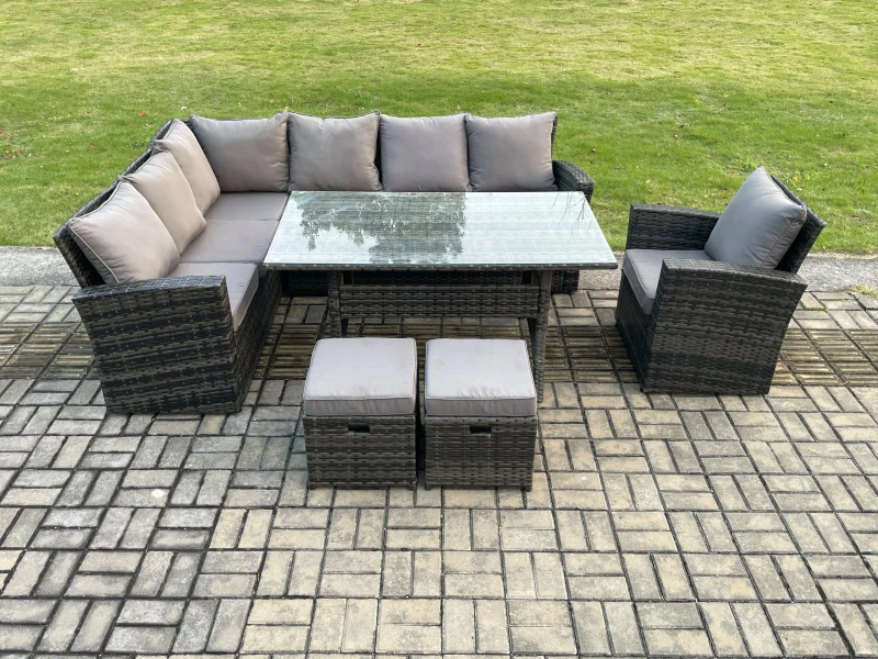 Image of Fimous 9 Seater Garden Rattan Furniture Corner Dining Set with 2 Small Footstools Armchair Indoor Outdoor Lounge Sofa Set in Dark Grey Dark Grey Unise