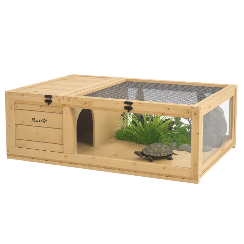 Image of PawHut Tortoise House w/ Mesh Roof, Small Pet Reptile Wooden House - Yellow, Yellow D40-012V00YL
