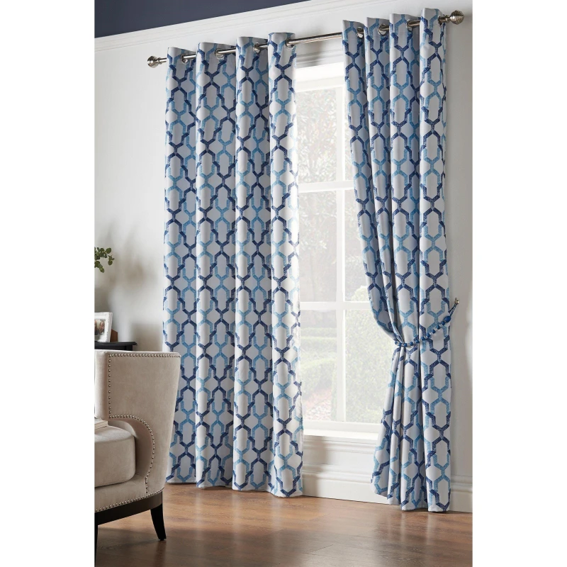 Image of Luxury Living Geo Blackout Ring Top Curtains Blue
