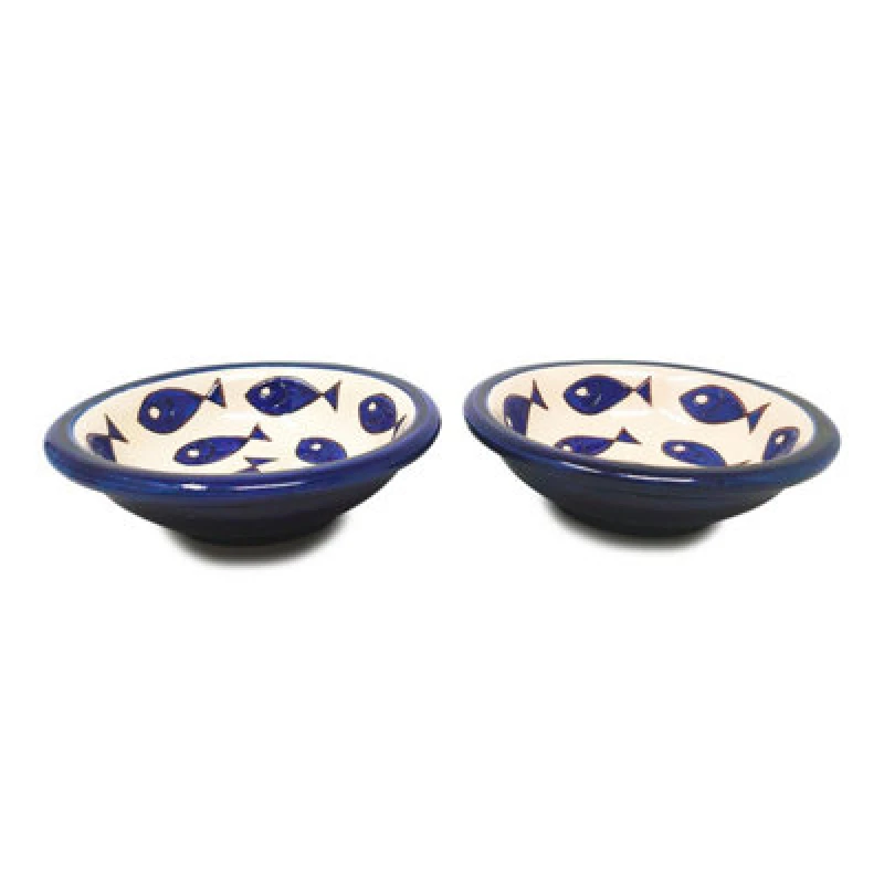 Image of Verano Spanish Ceramics Signature Blue & White Fish Hand Painted Ceramic Set Of 2 Tapas Snack Bowls (D) 12Cm