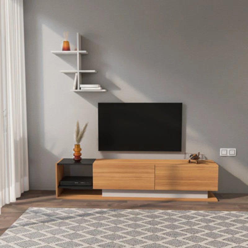 Image of Decorotika Decortika Liza Modern TV Stand TV Unit With Storage Teak & Black White