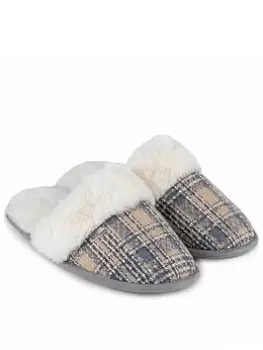 Image of TOTES Brushed Check Mule Slippers - Grey, Size 7-8, Women