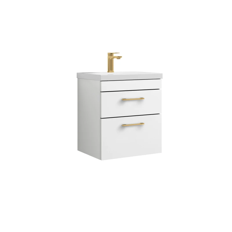 Image of Balterley 2 Drawer Wall Hung Vanity Basin Unit Brushed Brass Handles 500mm White