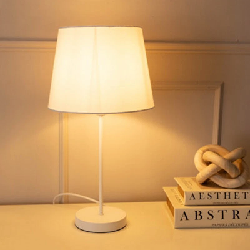 Image of ValueLights Charlie White Single Stem Table Lamp with Fabric Tapered Lamp Shade and LED Bulb White