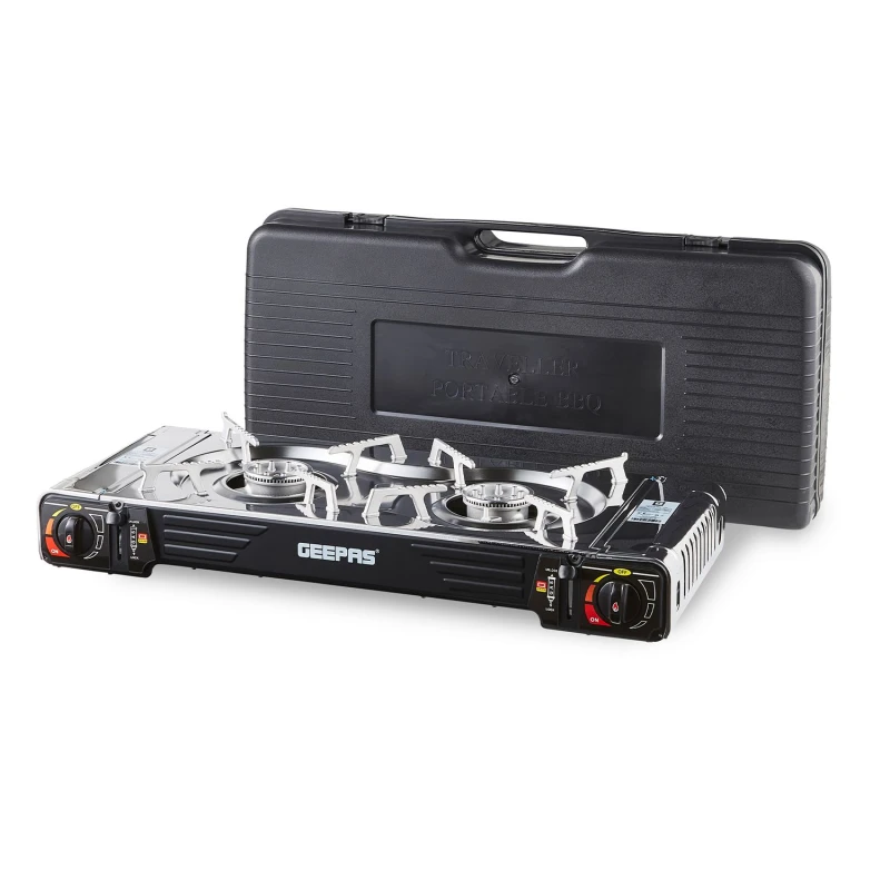 Image of Geepas Double Burner Camping Portable Gas Stove with Carry Case Automatic Ignition in Black Unisex