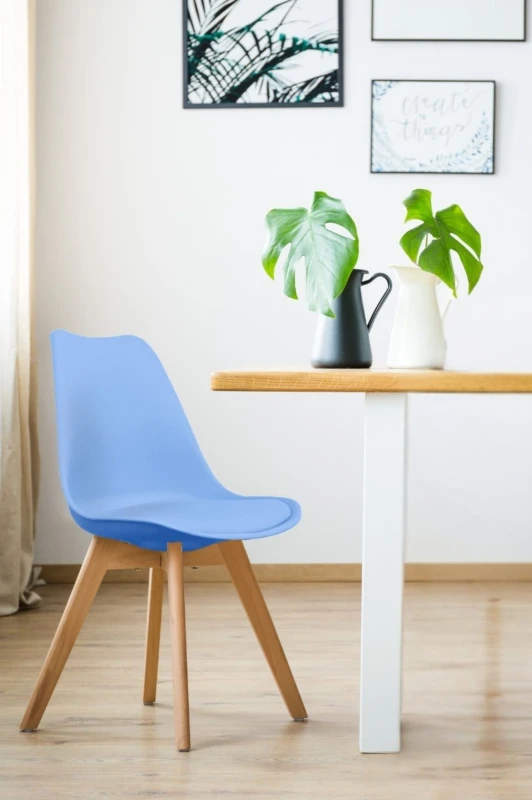 Image of Fusion Living Soho Plastic Dining Chair with Squared Light Wood Legs Light Blue