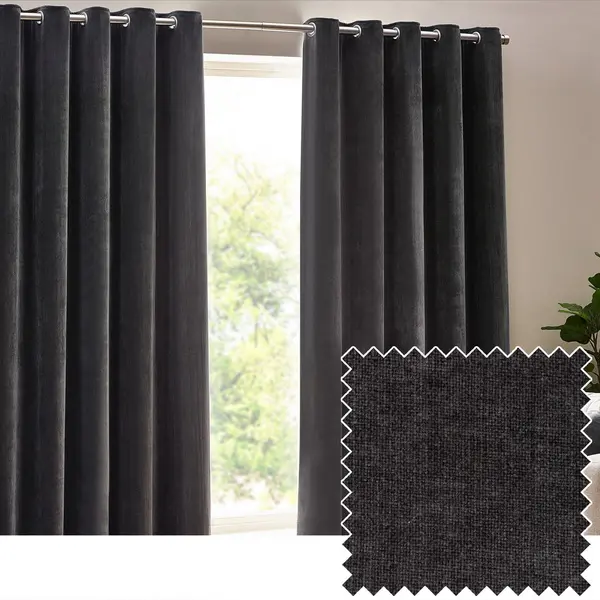 Image of Yard Heavy Chenille Woven Velvet Eyelet Curtain Charcoal