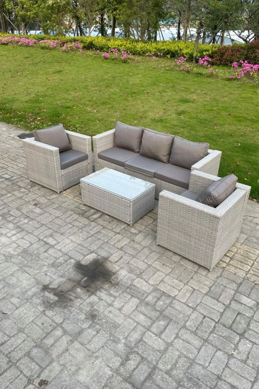 Image of Fimous 4 PC Light Grey Outdoor PE Rattan Garden Furniture Set Wicker Sofa Coffee Table 2 Armchair Light Grey