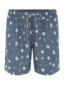 Image of Mens Boardies Day of the Dead Print Mid Length Swim Short Blue