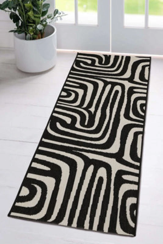 Image of Melrose County Zebra Black Design Flatweave Indoor Outdoor Runner Area Rug 10mm Pile Height - 67/200Cm