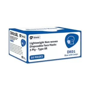Image of HPC Disposable 3-Ply Face Masks with Elasticated Loops Non Woven Blue Pack of 50 DK01BL