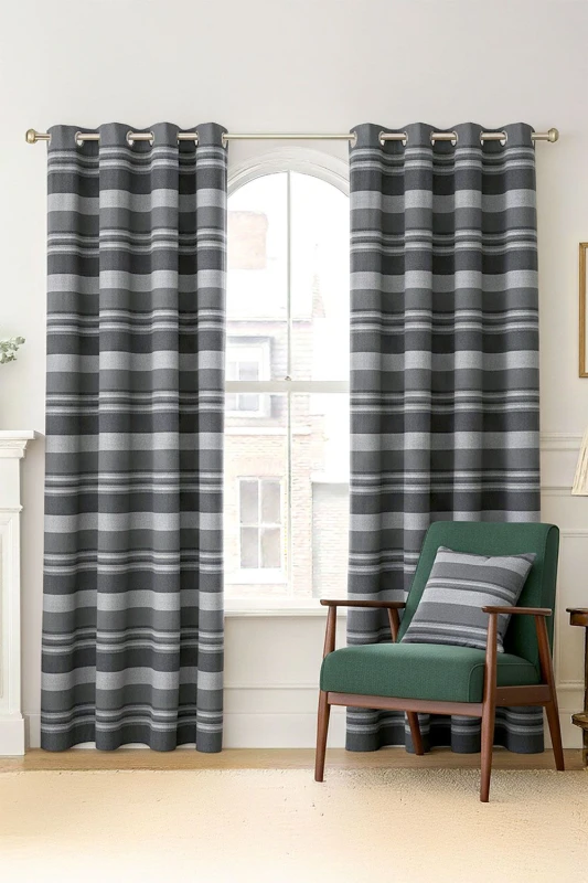 Image of Homescapes Cotton Morocco Striped Grey Curtain Pair, 66 X 90" Drop