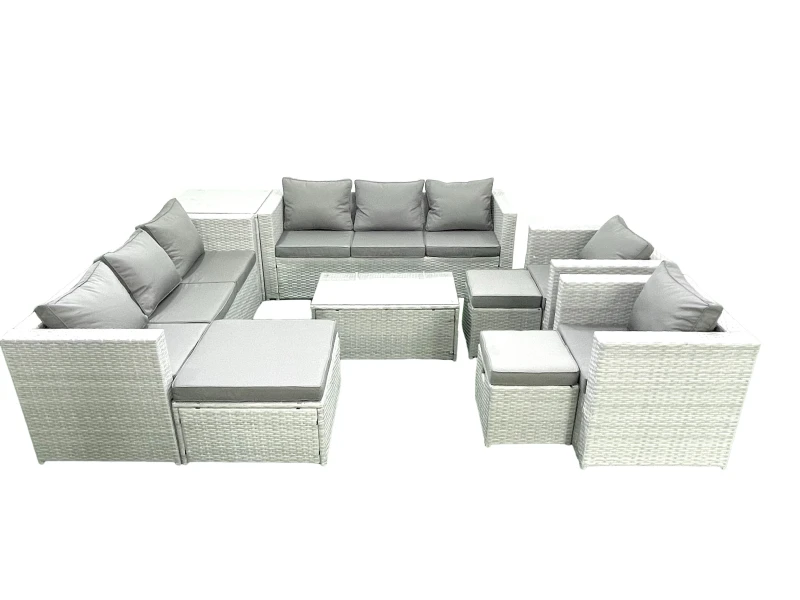 Image of Fimous Outdoor Rattan Sofa Garden Furniture Set with 2 Armchairs Oblong Coffee Table 3 Footstools Side Table Light Grey Mixed Light Grey