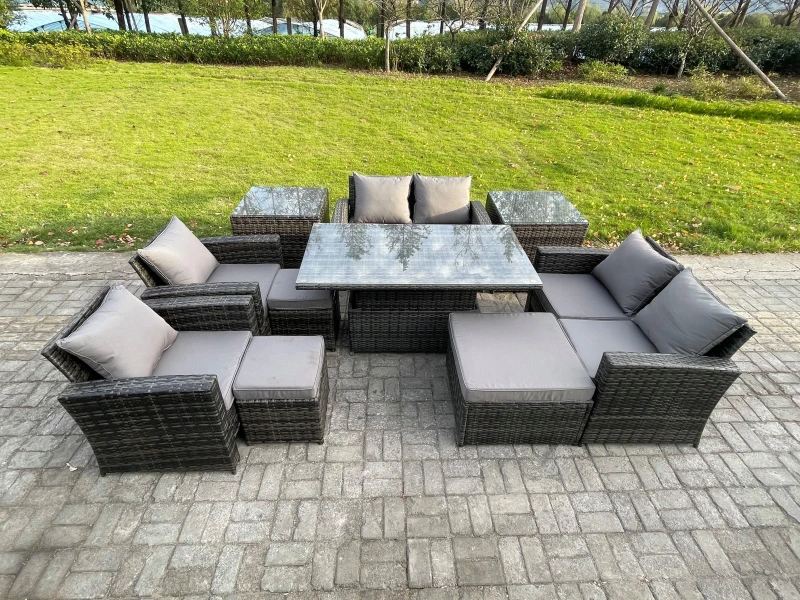 Image of Fimous Outdoor Garden Furniture Sets 10 Pieces Wicker Rattan Furniture Sofa Dining Table Set with 3 Footstools 2 Side Tables in Dark Grey Dark Grey Un