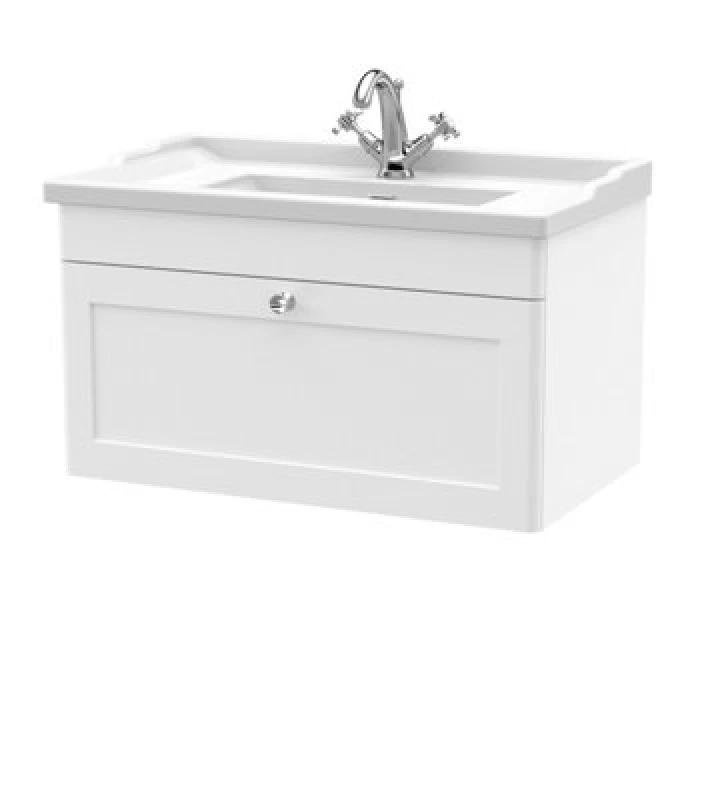 Image of NUIE Classique Wall Hung 1-Drawer Vanity Unit with Traditional Basin 800mm Wide Satin White - 1 Tap Hole - Nuie CLC196F