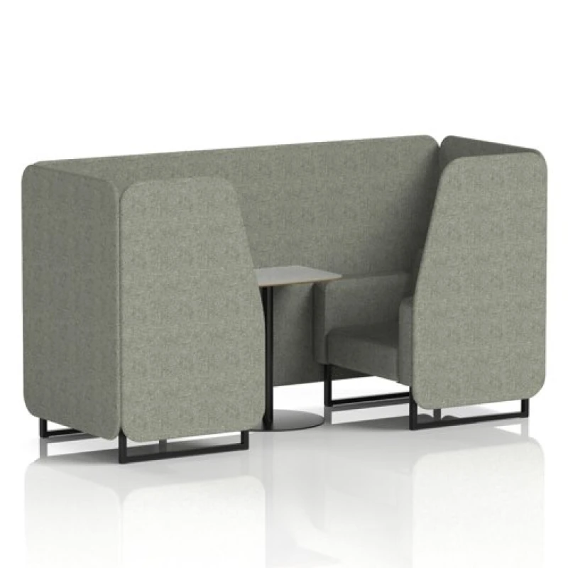 Image of Brixworth 2 Seater Office Booth with Front Panel - Black Legs and Grey Table with Black Leg in Rivet Fabric - Vitreous Panels and Sofa