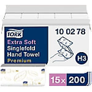 Image of Tork Folded Hand Towels H3 Premium 2 Ply V-fold White 15 Pieces of 200 Sheets