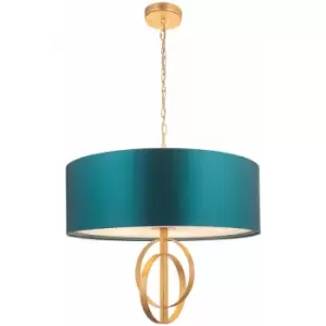 Image of Antique Gold Ceiling Pendant Light & Teal Satin Shade - 5 Bulb Hanging Fitting