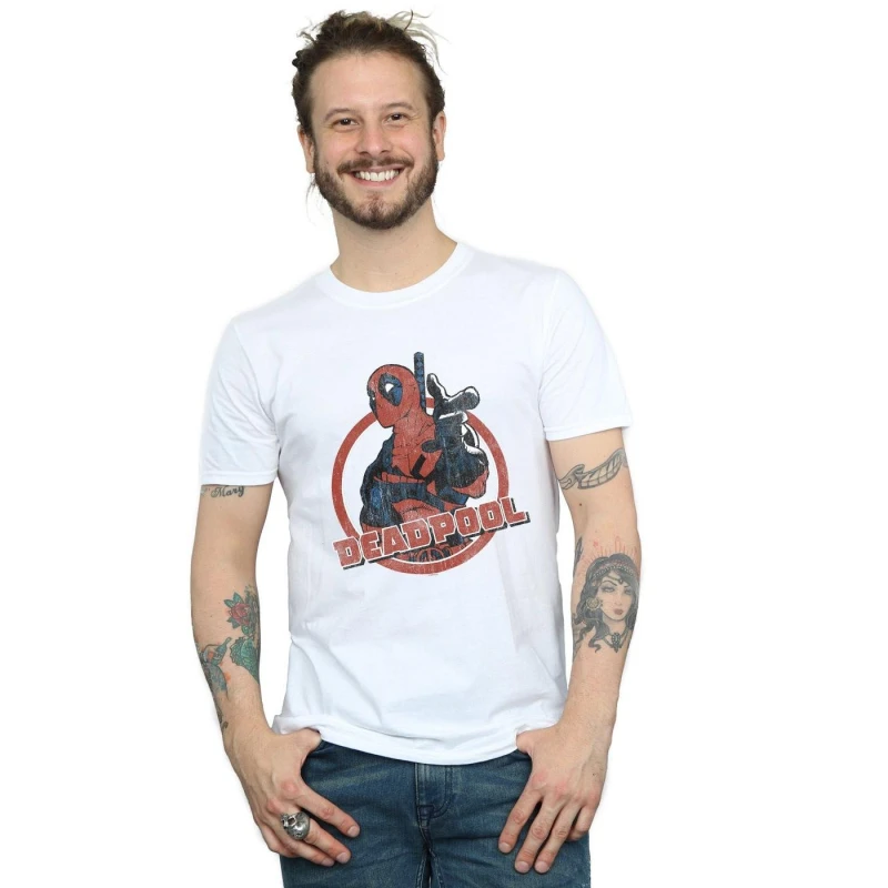 Image of Marvel Marvel Men Deadpool Gun Finger T-Shirt in White Size: Small White S Male 5057981167678