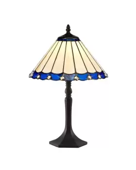 Image of 1 Light Octagonal Table Lamp E27 With 30cm Tiffany Shade, Blue, Crystal, Aged Antique Brass