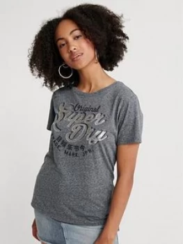 Image of Superdry New Mock Sequin Logo Entry T-Shirt, Blue, Size 10, Women