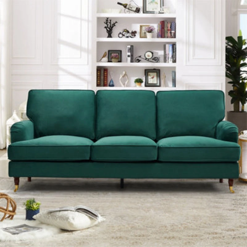 Image of Woodbury 218Cm Wide 3 Seat Green Velvet Fabric Sofa Walnut Colour Legs With Brass Coloured Wheel