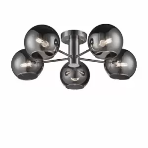 Image of Nielsen Verney Modern Contemporary Chandelier Satin Silver Flush 5 Way Ceiling Light Smoked Glass Shades