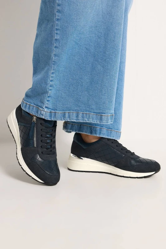 Image of Yours Womens Quilted Wedge Trainers In Wide E Fit in Dark Navy Size: 6E Dark Navy Female 6E