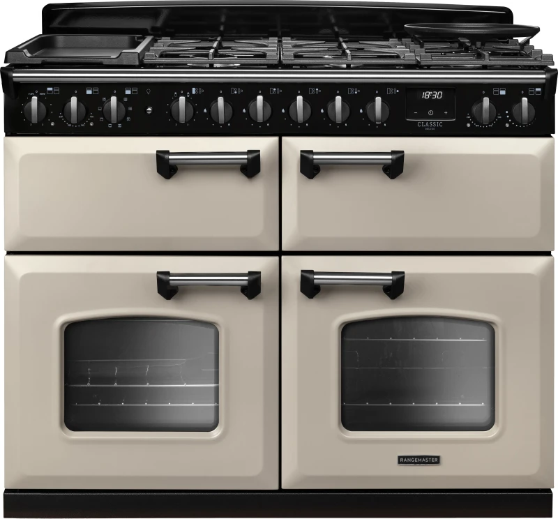 Image of Rangemaster Classic Deluxe CLDLB110DFPPCR/CM1 110cm wide Dual Fuel Range Cooker with Gas Hob - Cream / Chrome - A Rated