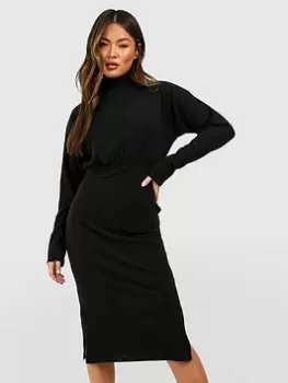 Image of Boohoo Soft Rib Roll Neck Midi Dress - Black Size 14, Women