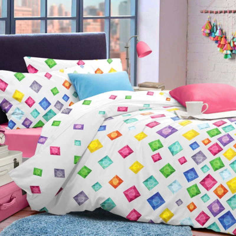 Image of Velosso Modern Bedding Set With Button Enclosure Cotton Blend Duvet Cover & Pillowcase Set, Vibrant Geometric Print - White