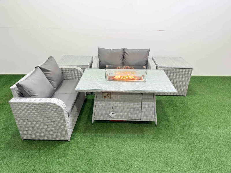 Image of Fimous 4 Seater Outdoor Love Sofa Set Rattan Garden Furniture Set with Firepit Dining Table 2 Side Tables Light Grey Light Grey