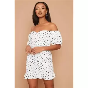 Image of I Saw It First Petite Polka Dot Ruched Puff Sleeve Mini Dress - White