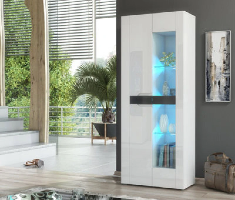 Image of Furneo White 2-Door Display Cabinet Cupboard Matt & High Gloss Milano 08 Blue LED Lights