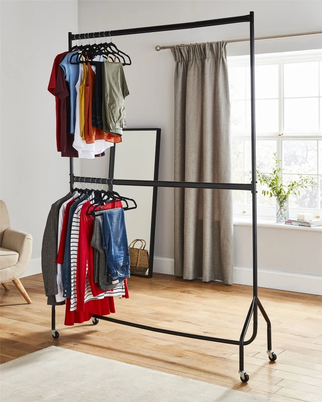 Image of House of Home Clothes Rail Two Tier Heavy Duty Garment Hanging Rack In Black 5ft long x 7ft Black unisex