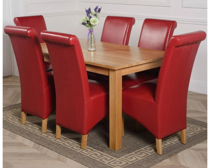 Image of Thats Furniture Oslo 150 x 90cm Medium Oak Dining Table & 6 Montana Leather Chairs in Red Red Unisex 150 x 90 cm