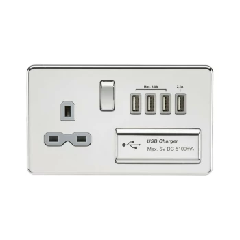 Image of Screwless 13A switched socket with quad USB charger (5.1A) - polished chrome with grey insert - Knightsbridge