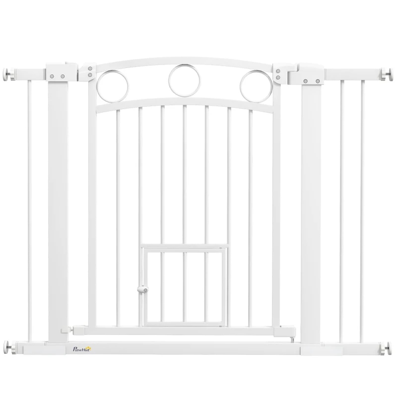 Image of PawHut Stair Gate with Cat Door, Adjustable Width 76-104cm & 77cm Tall, White D06-242V10WT