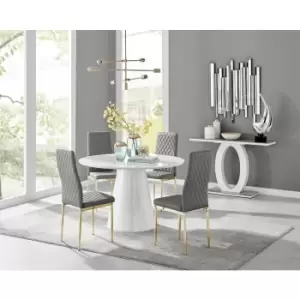 Image of Furniturebox Palma White High Gloss 4 Seat Minimalist Post Modern Round Dining Table & 4 Grey Milan Gold Leg Faux Leather Chairs