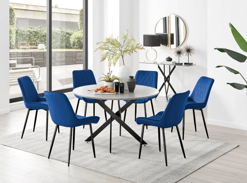 Image of FurnitureboxUK FurnitureboxUK Novara Grey Concrete Effect Black Leg 120cm Round Dining Table & 6 Pesaro Black Leg Chairs in Navy Navy One Size Unisex