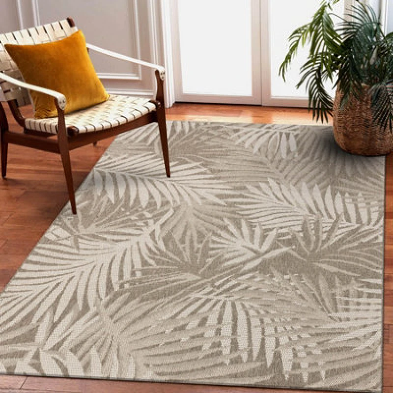 Image of RugsX Carpet Sizal Floorlux 20504 Leaves Taupe / Champagne Jungle 60X110 Cm