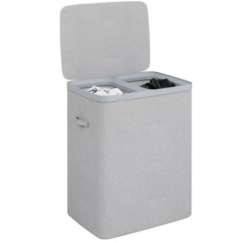Image of Gr8 Home Grey Double Laundry Seperation Hamper Bin Large Clothes Washing Basket With Lid