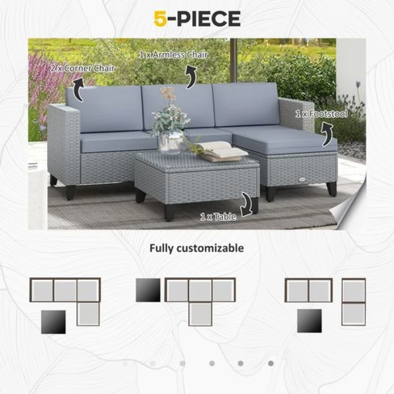 Image of Outsunny 5pc Set w/ Corner Sofa/Table/Cushion - Grey 860-319V70GY