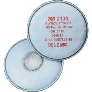 Image of 3M 2138 P3 R Particulate Filter 1 Pair White Nuisance Level Organic Vapour and Acid Gas White