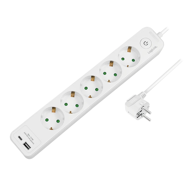 Image of LogiLink Outlet Strip. 5 safety sockets. w/ 1x USB-A. 1x USB-C Port. w